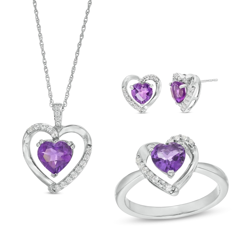 Main Image 1 of Heart-Shaped Amethyst and White Lab-Created Sapphire Pendant, Ring and Earrings Set in Sterling Silver