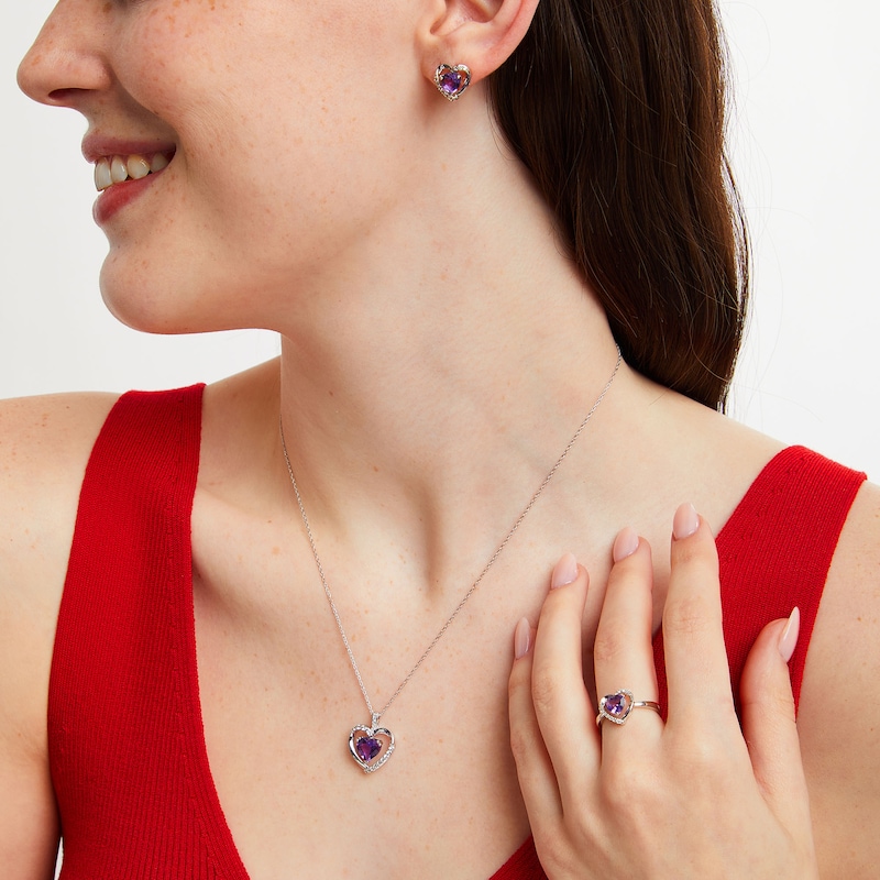 Main Image 2 of Heart-Shaped Amethyst and White Lab-Created Sapphire Pendant, Ring and Earrings Set in Sterling Silver