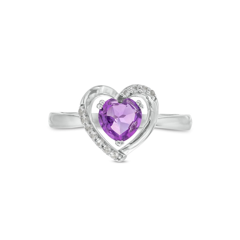 Main Image 4 of Heart-Shaped Amethyst and White Lab-Created Sapphire Pendant, Ring and Earrings Set in Sterling Silver