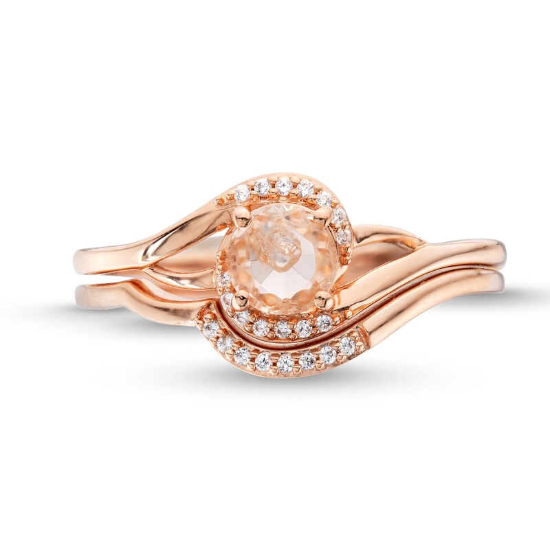 Main Image 4 of 5.0mm Morganite and 1/20 CT. T.W. Diamond Bypass Shank Bridal Set in 10K Rose Gold