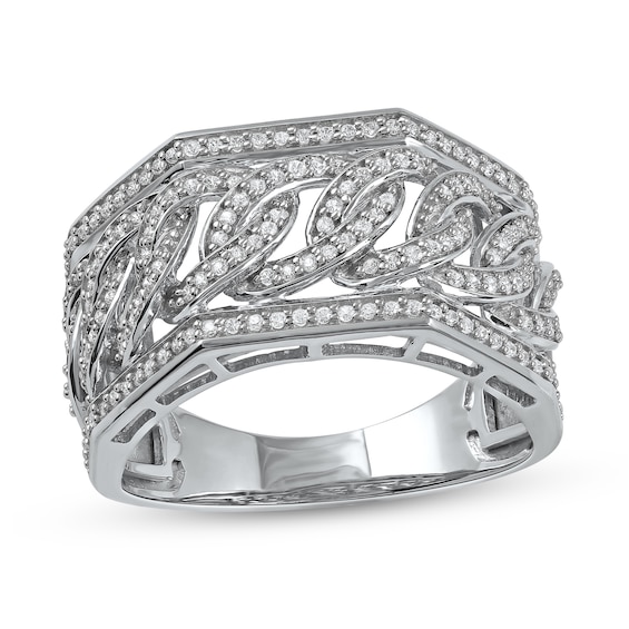 1/2 CT. T.w. Diamond Angled Curb Link Ring in 10K White Gold