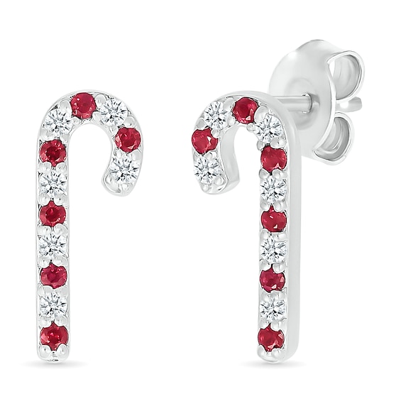Lab-Created Ruby and White Lab-Created Sapphire Candy Cane Stud Earrings in Sterling Silver