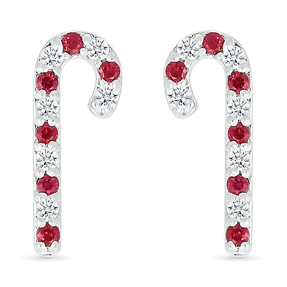 Lab-Created Ruby and White Lab-Created Sapphire Candy Cane Stud Earrings in Sterling Silver