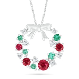 Lab-Created Ruby, Lab-Created Emerald and White Lab-Created Sapphire Wreath Pendant in Sterling Silver