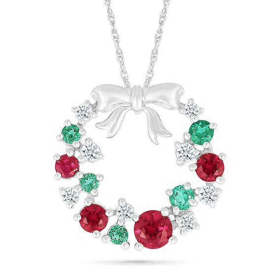 Lab-Created Ruby, Lab-Created Emerald and White Lab-Created Sapphire Wreath Pendant in Sterling Silver