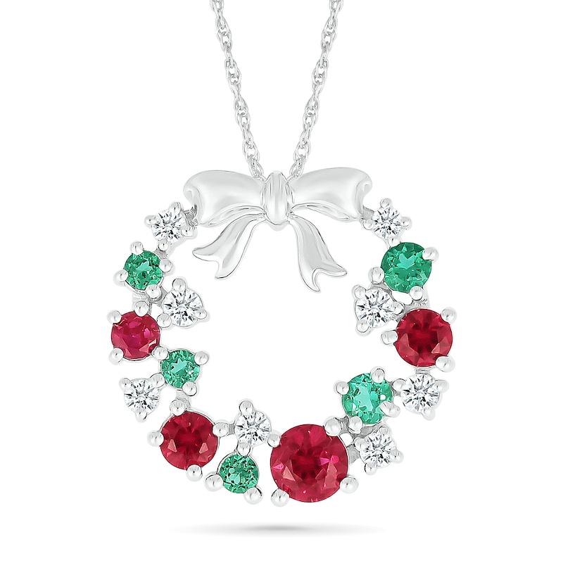 Main Image 1 of Lab-Created Ruby, Lab-Created Emerald and White Lab-Created Sapphire Wreath Pendant in Sterling Silver