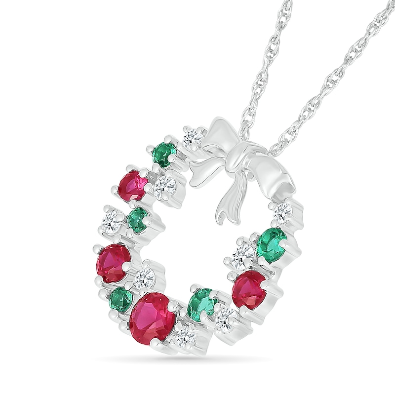 Main Image 2 of Lab-Created Ruby, Lab-Created Emerald and White Lab-Created Sapphire Wreath Pendant in Sterling Silver