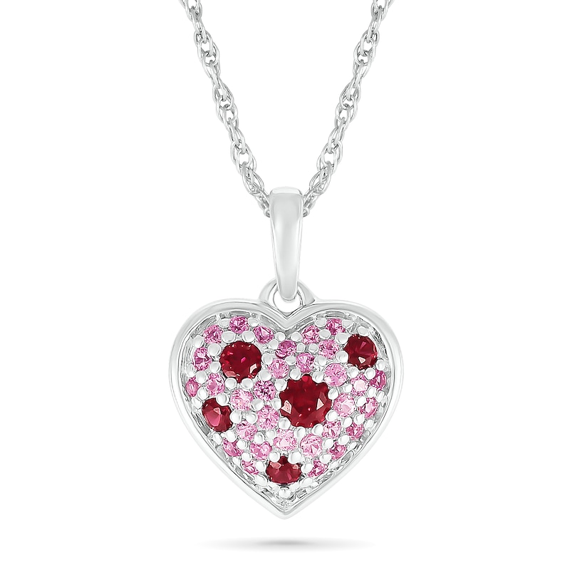 Main Image 1 of Lab-Created Ruby and Pink Lab-Created Sapphire Heart Pendant in Sterling Silver