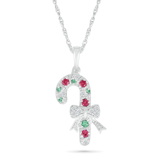 Lab-Created Ruby, Lab-Created Emerald and White Lab-Created Sapphire Candy Cane Pendant in Sterling Silver