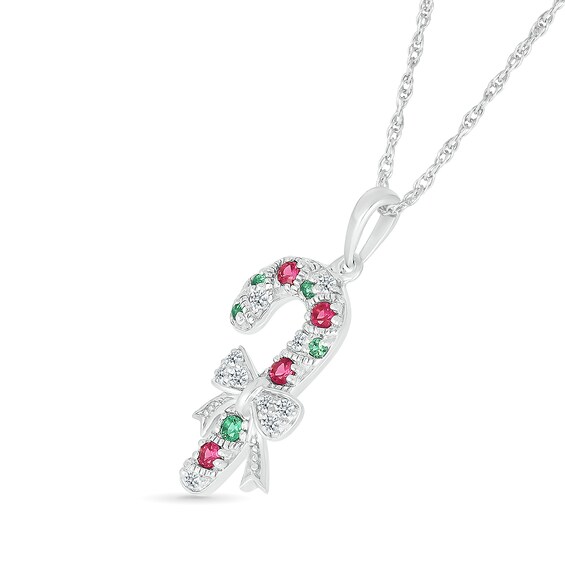 Lab-Created Ruby, Lab-Created Emerald and White Lab-Created Sapphire Candy Cane Pendant in Sterling Silver