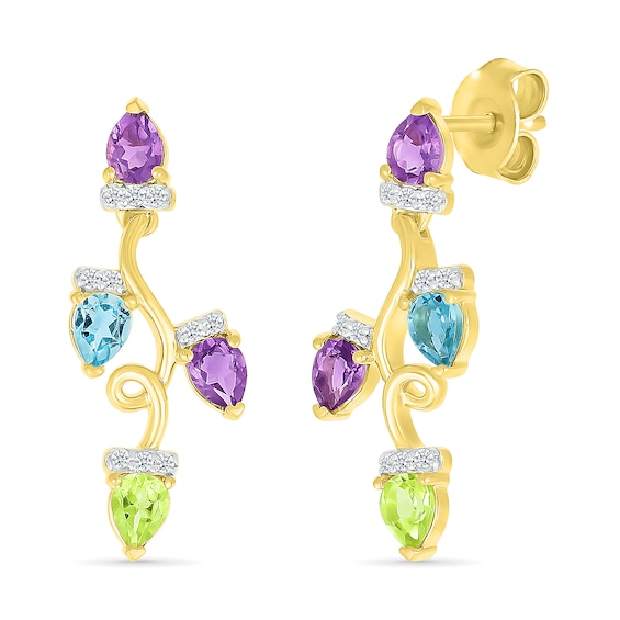 Amethyst, Swiss Blue Topaz, Peridot and White Lab-Created Sapphire Holiday Light Earrings in 10K Gold