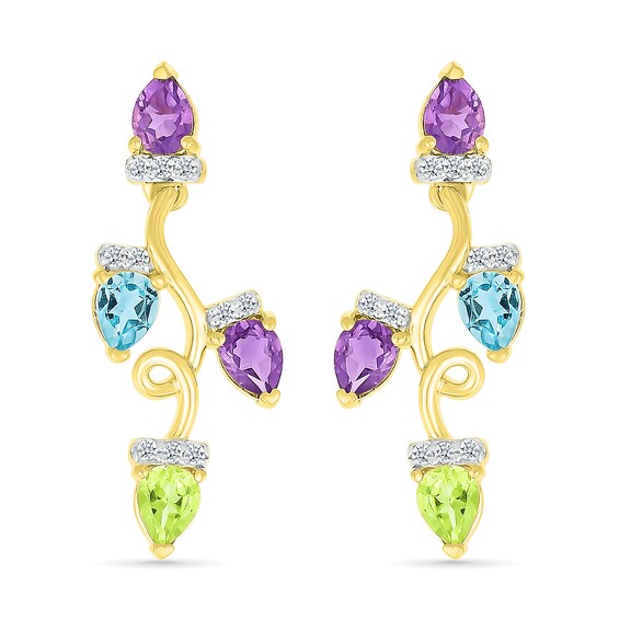 Amethyst, Swiss Blue Topaz, Peridot and White Lab-Created Sapphire Holiday Light Earrings in 10K Gold