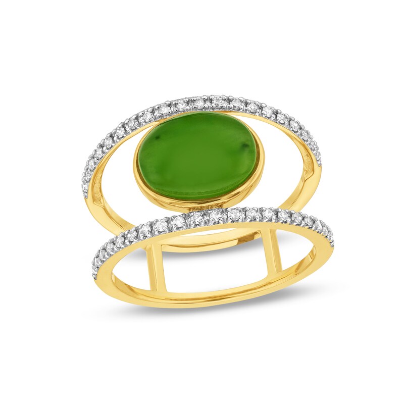 Main Image 1 of Sideways Oval Jade and 1/5 CT. T.W. Diamond Open Shank Ring in 10K Gold