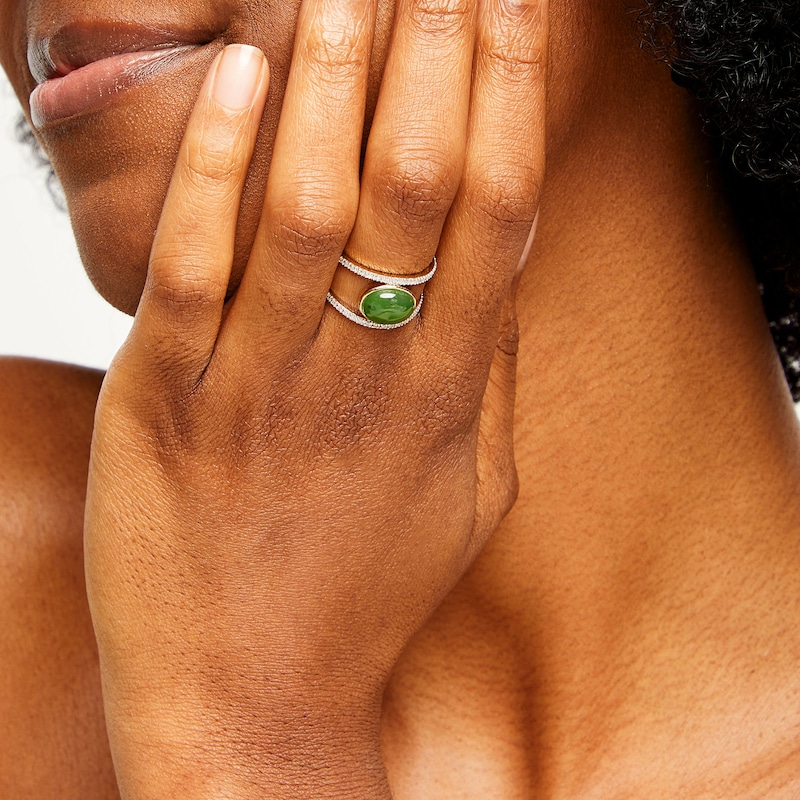 Main Image 2 of Sideways Oval Jade and 1/5 CT. T.W. Diamond Open Shank Ring in 10K Gold