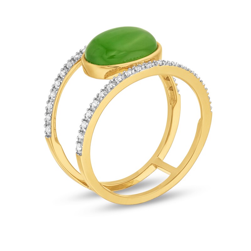 Main Image 3 of Sideways Oval Jade and 1/5 CT. T.W. Diamond Open Shank Ring in 10K Gold