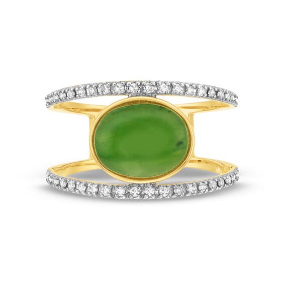 Sideways Oval Jade and 1/5 CT. T.w. Diamond Open Shank Ring in 10K Gold