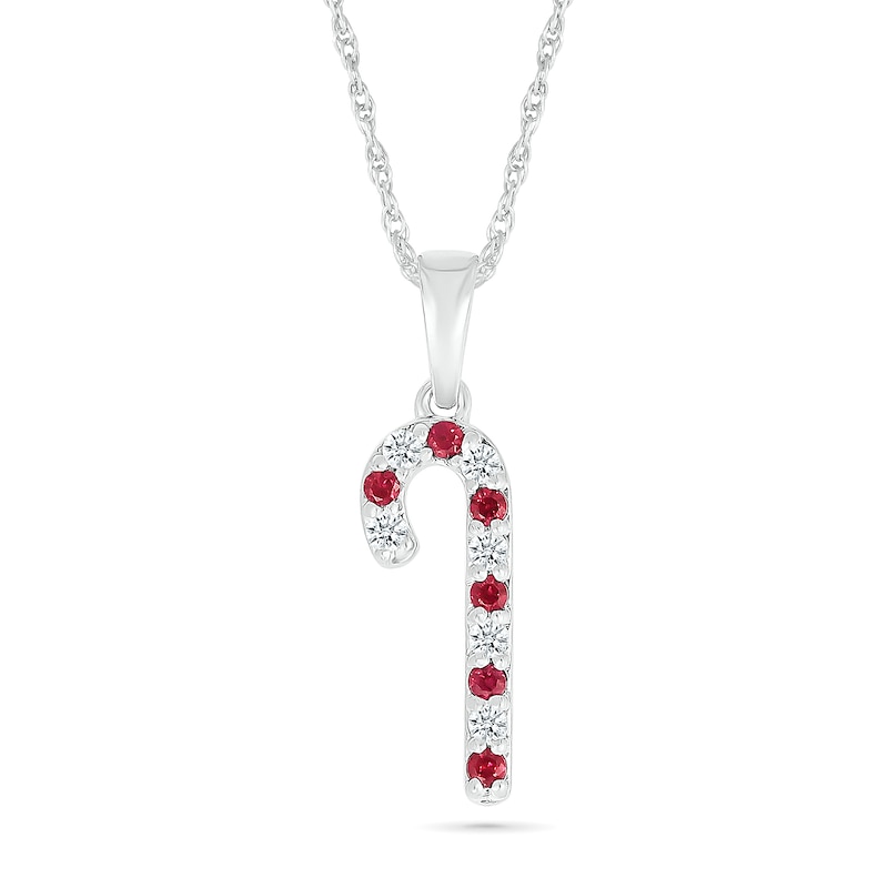 Main Image 1 of Lab-Created Ruby and White Lab-Created Sapphire Candy Cane Pendant in Sterling Silver