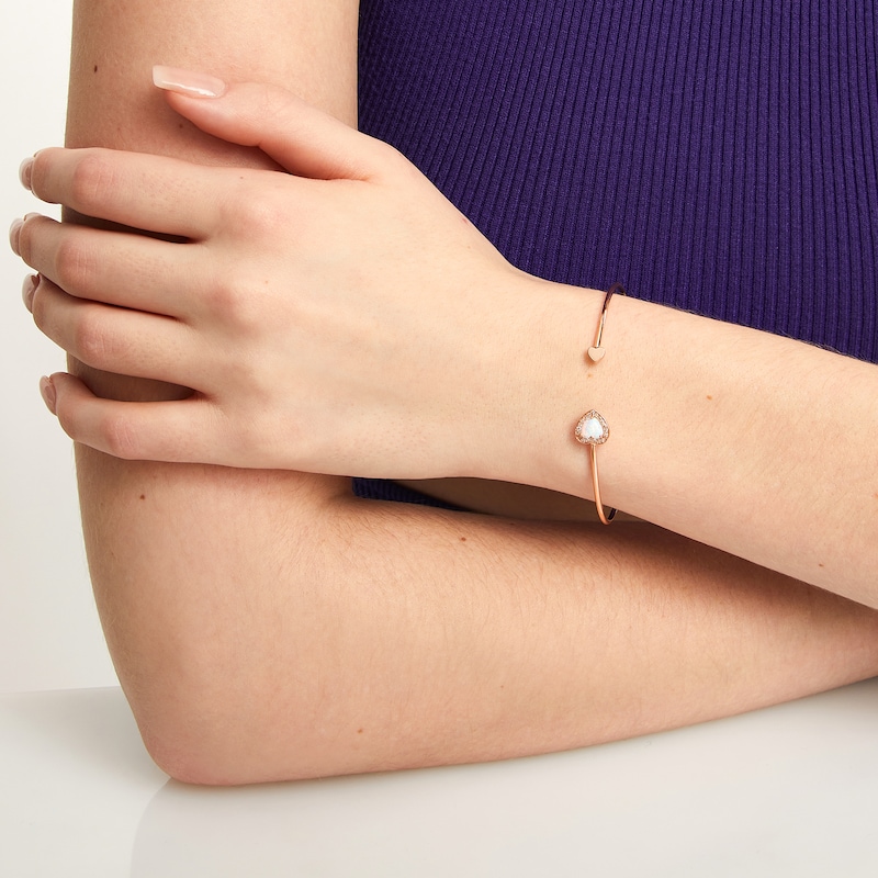 Main Image 2 of 6.0mm Lab-Created Opal and 1/10 CT. T.W. Diamond Frame Double Heart Open Bangle in 10K Rose Gold