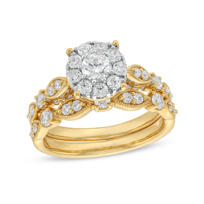 Main Image 1 of 1-1/4 CT. T.W. Diamond Vintage-Style Framed Bridal Set in 14K Gold