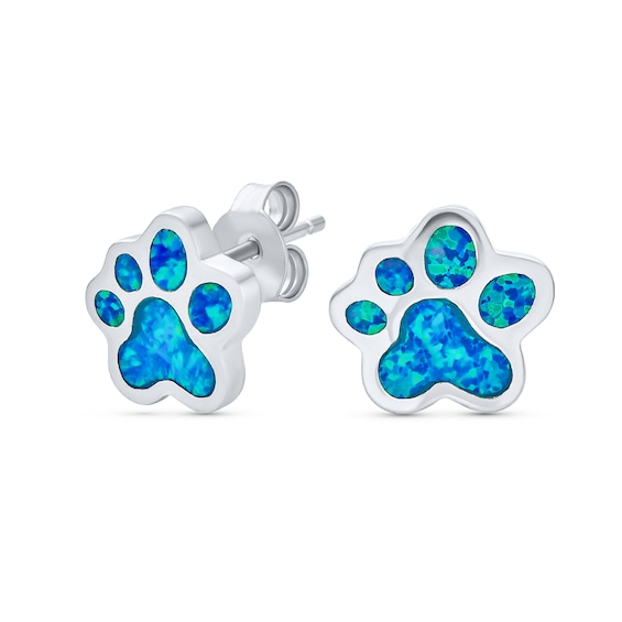 Blue Lab-Created Opal Inlay Paw Print Stud Earrings in Sterling Silver