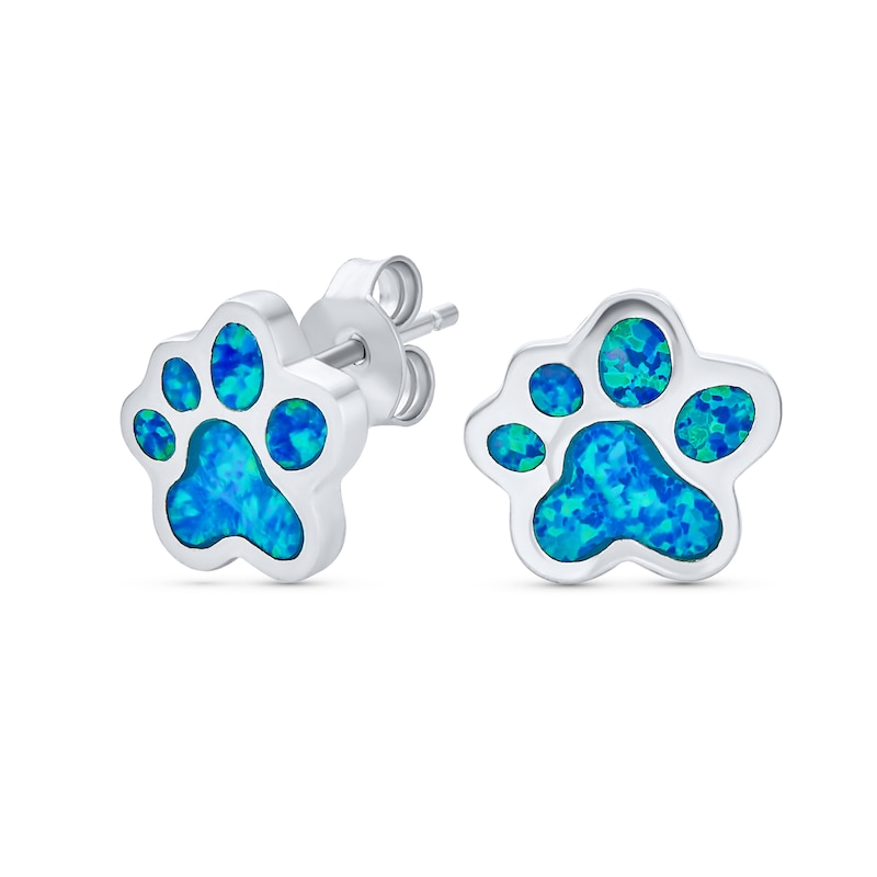 Sterling Silver Created Blue Opal Inlay Paw Print Post Stud Earrings Sterling Silver Created Blue Opal Inlay Paw Print Post Stud Earrings