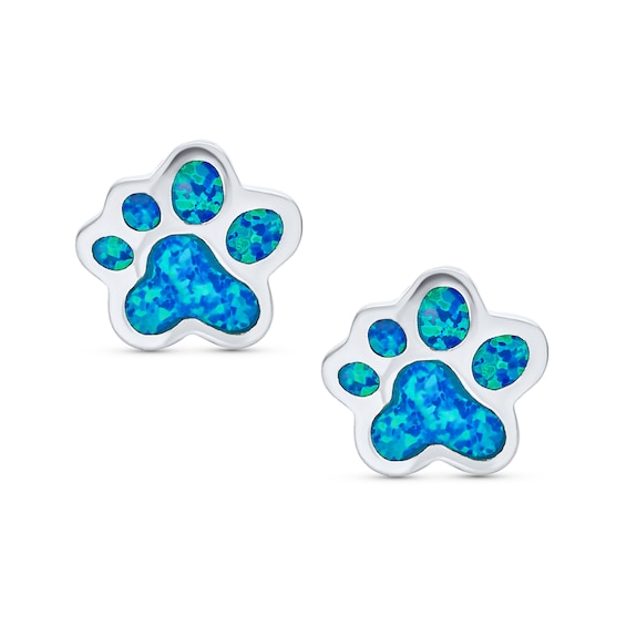 Blue Lab-Created Opal Inlay Paw Print Stud Earrings in Sterling Silver