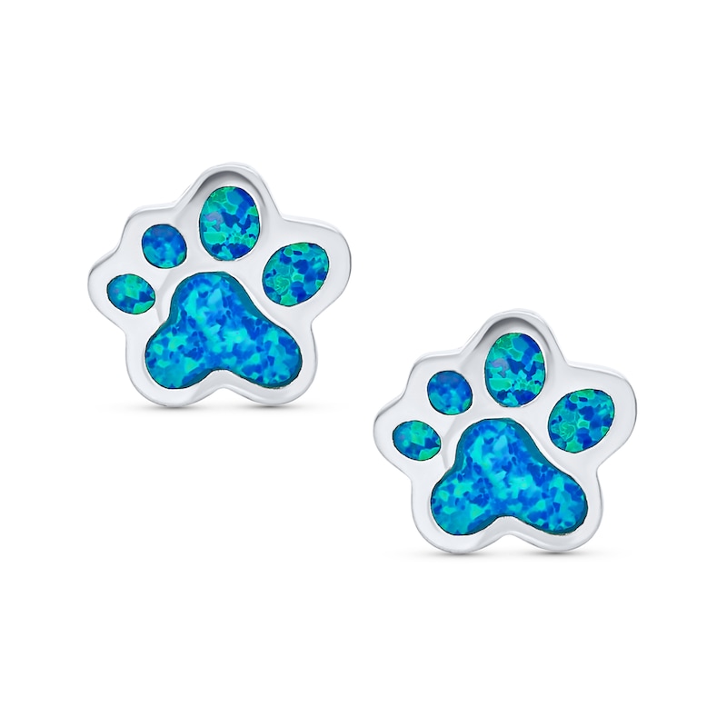 Main Image 2 of Blue Lab-Created Opal Inlay Paw Print Stud Earrings in Sterling Silver