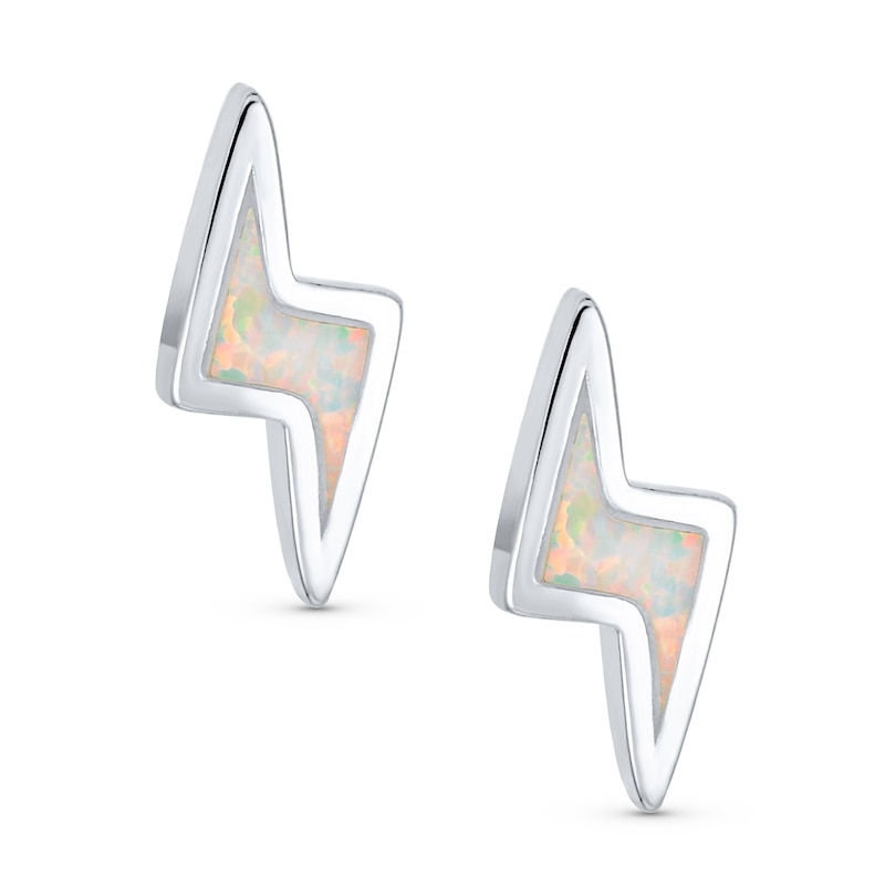 Main Image 2 of Lab-Created Opal Solitaire Lightning Bolt Stud Earrings in Sterling Silver