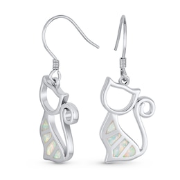 Lab-Created Opal Inlay Sitting Cat Drop Earrings in Sterling Silver