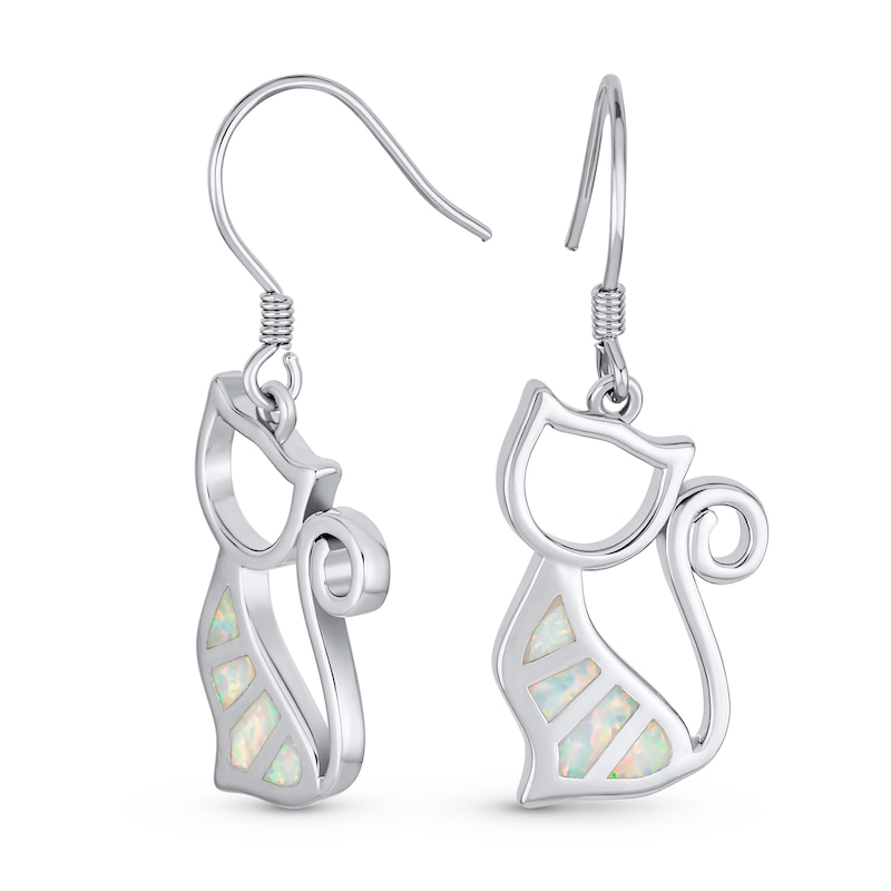 Main Image 1 of Lab-Created Opal Inlay Sitting Cat Drop Earrings in Sterling Silver