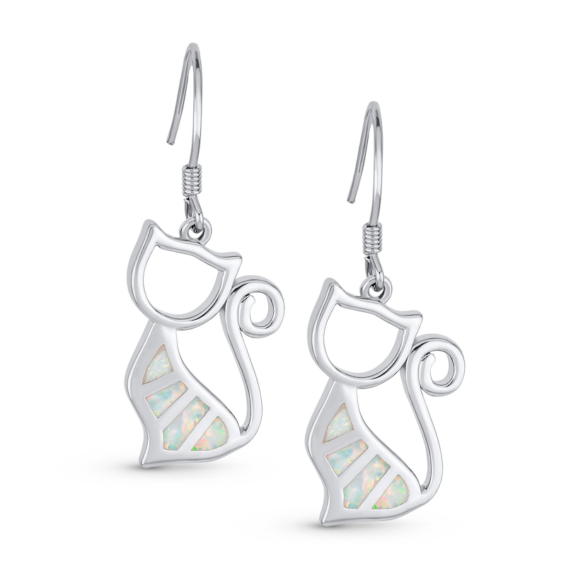 Main Image 2 of Lab-Created Opal Inlay Sitting Cat Drop Earrings in Sterling Silver