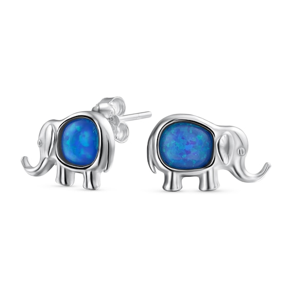 Oval Blue Lab-Created Opal Solitaire Elephant Stud Earrings in Sterling Silver