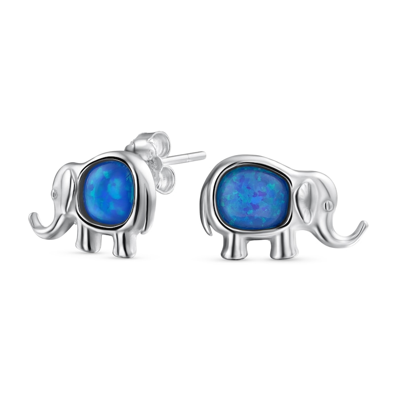 Main Image 1 of Oval Blue Lab-Created Opal Solitaire Elephant Stud Earrings in Sterling Silver