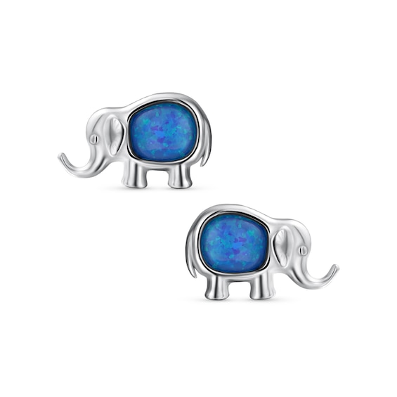 Oval Blue Lab-Created Opal Solitaire Elephant Stud Earrings in Sterling Silver