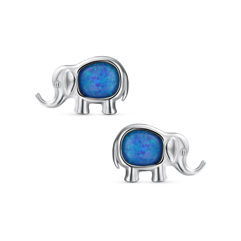 Main Image 2 of Oval Blue Lab-Created Opal Solitaire Elephant Stud Earrings in Sterling Silver