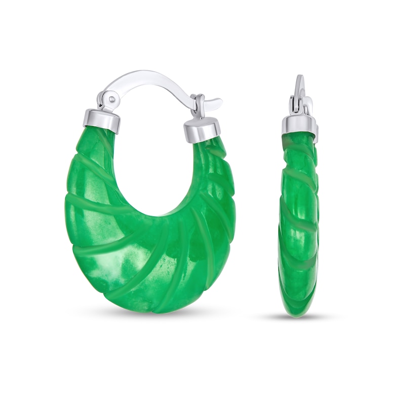 Main Image 1 of Jade Oval Hoop Earrings in Sterling Silver