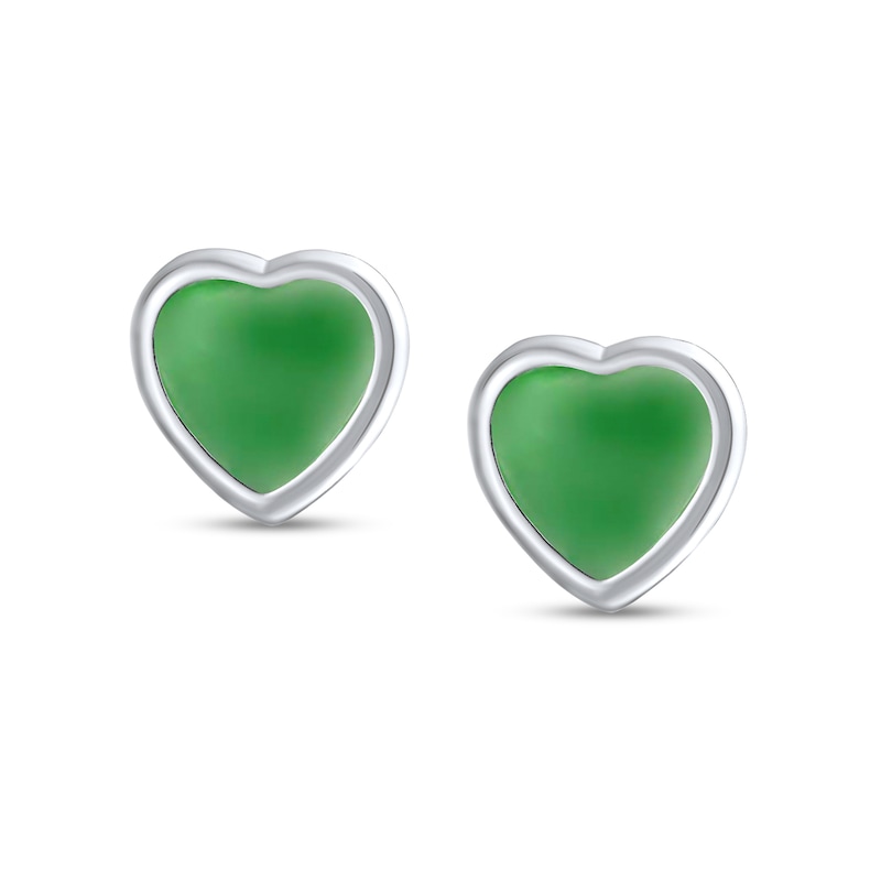 Main Image 1 of 10.0mm Heart-Shaped Lab-Created Jade Solitaire Stud Earrings in Sterling Silver