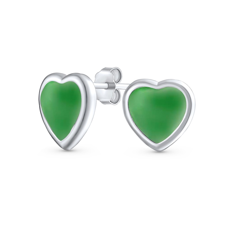 Main Image 2 of 10.0mm Heart-Shaped Lab-Created Jade Solitaire Stud Earrings in Sterling Silver