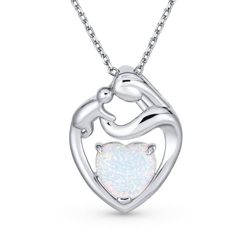 Main Image 1 of Heart-Shaped Lab-Created Opal Motherly Love Pendant in Sterling Silver - 16"