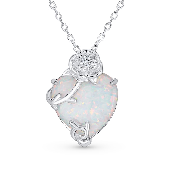 12.0mm Heart-Shaped Lab-Created Opal and Cubic Zirconia Rose Overlay Pendant in Sterling Silver - 16"