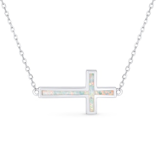 Lab-Created Opal Sideways Cross Necklace in Sterling Silver