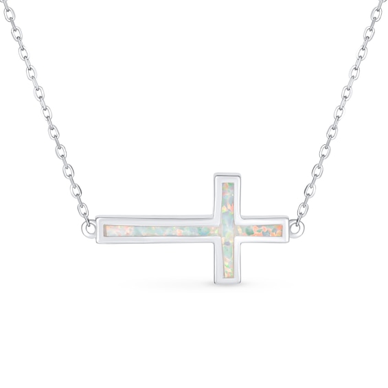 Lab-Created Opal Sideways Cross Necklace in Sterling Silver