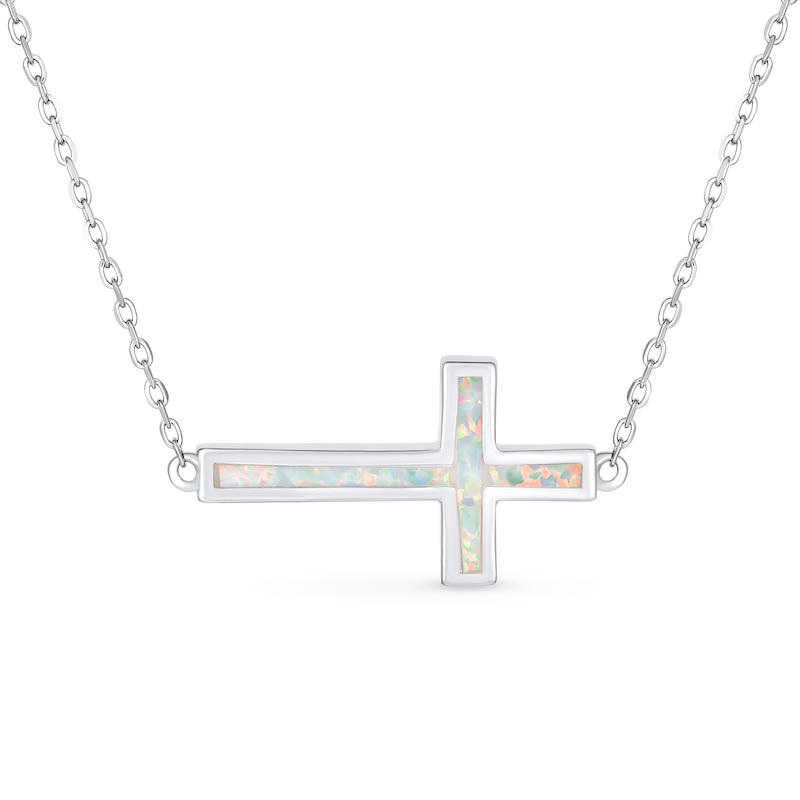 Main Image 1 of Lab-Created Opal Sideways Cross Necklace in Sterling Silver