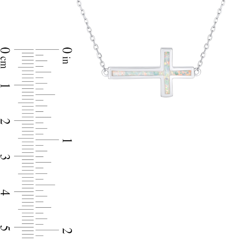 Main Image 3 of Lab-Created Opal Sideways Cross Necklace in Sterling Silver