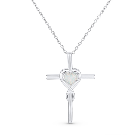 Heart-Shaped Lab-Created Opal Infinity Cross Pendant in Sterling Silver