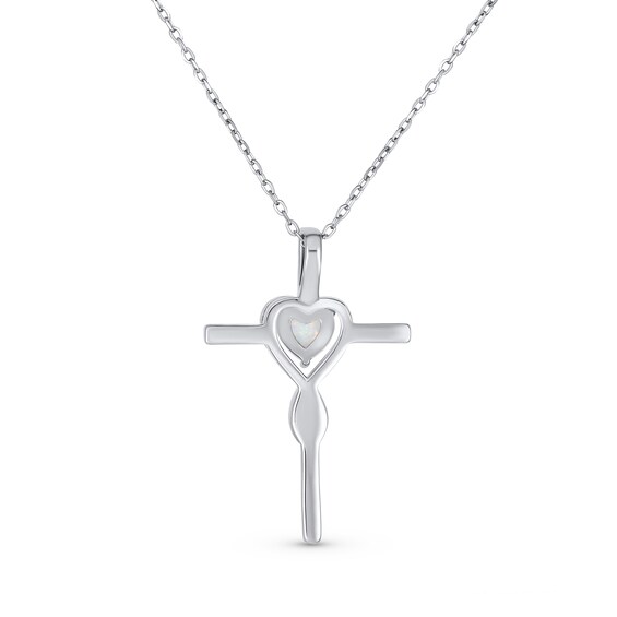 Heart-Shaped Lab-Created Opal Infinity Cross Pendant in Sterling Silver