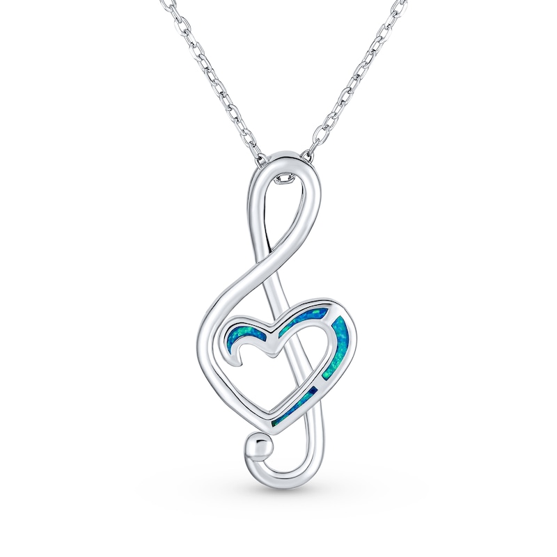 Main Image 1 of Blue Lab-Created Opal Inlay Treble Clef Music Note Pendant in Sterling Silver