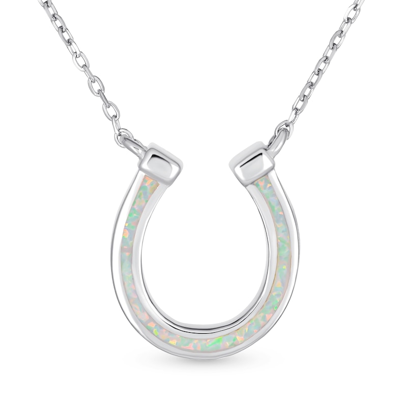 Main Image 1 of Lab-Created Opal Horseshoe Necklace in Sterling Silver