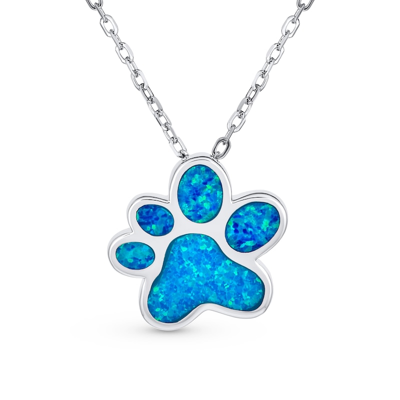 Main Image 1 of Blue Lab-Created Opal Inlay Paw Print Pendant in Sterling Silver