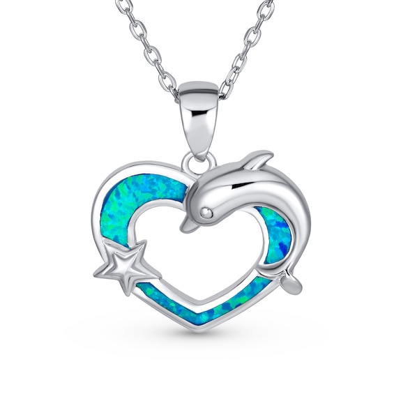 Blue Lab-Created Opal Inlay Dolphin Heart Pendant in Sterling Silver